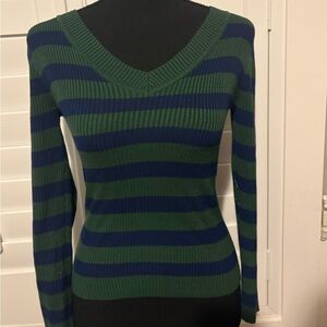Old Preppy Striped Green and Blue Ribbed V-Neck Sweater